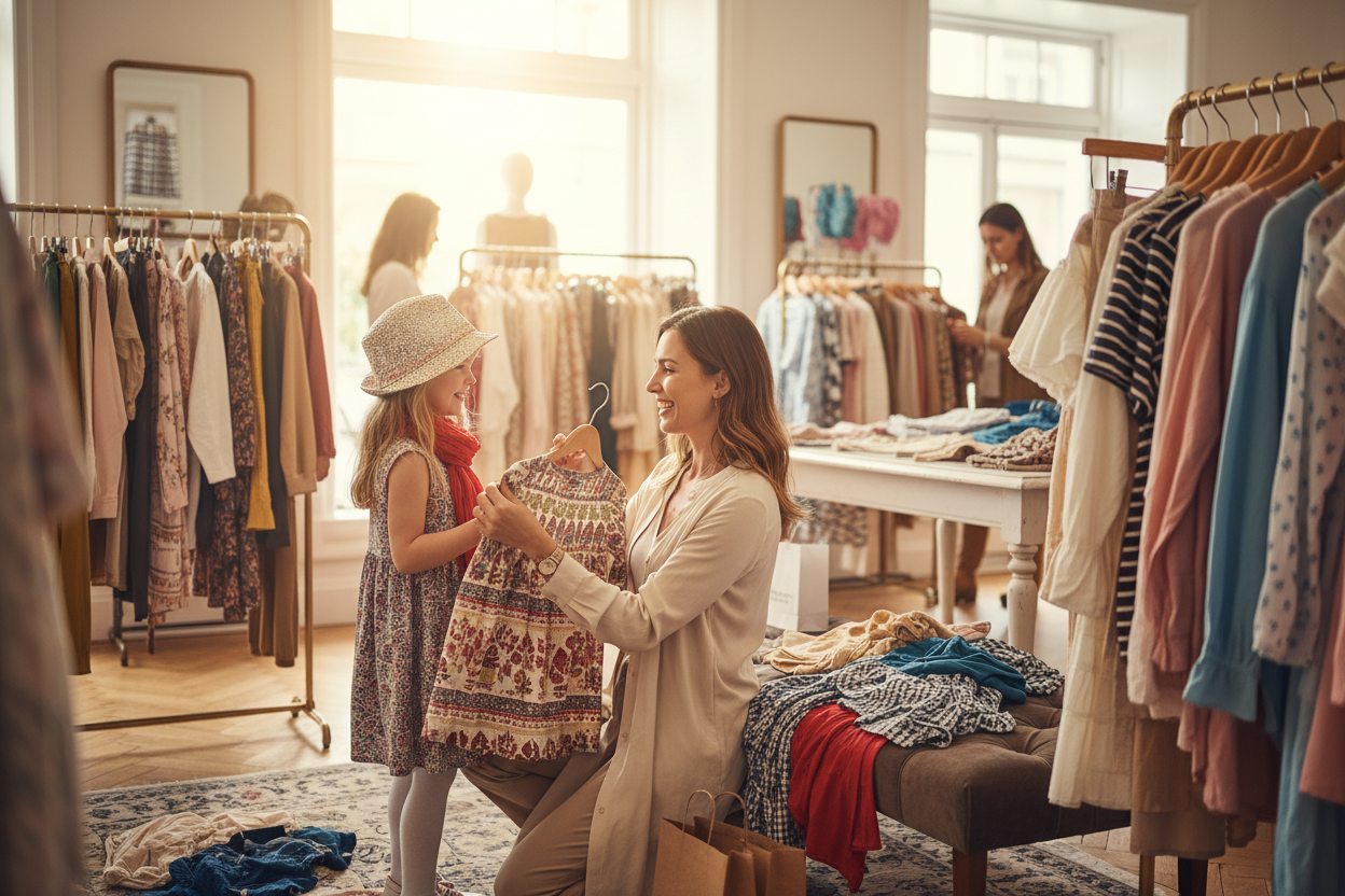 UNA MUJER CON SU HIJA DE PROXIMADAMENTE 5 AÑOS COMPRANDO Y PROBANDOSE ROPA. SIN ESPEJOS 